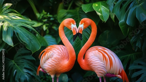 Two flamingos forming a heart shape amidst lush green foliage.