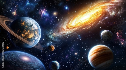 Vibrant depiction of the solar system with planets and galaxies in a cosmic setting.
