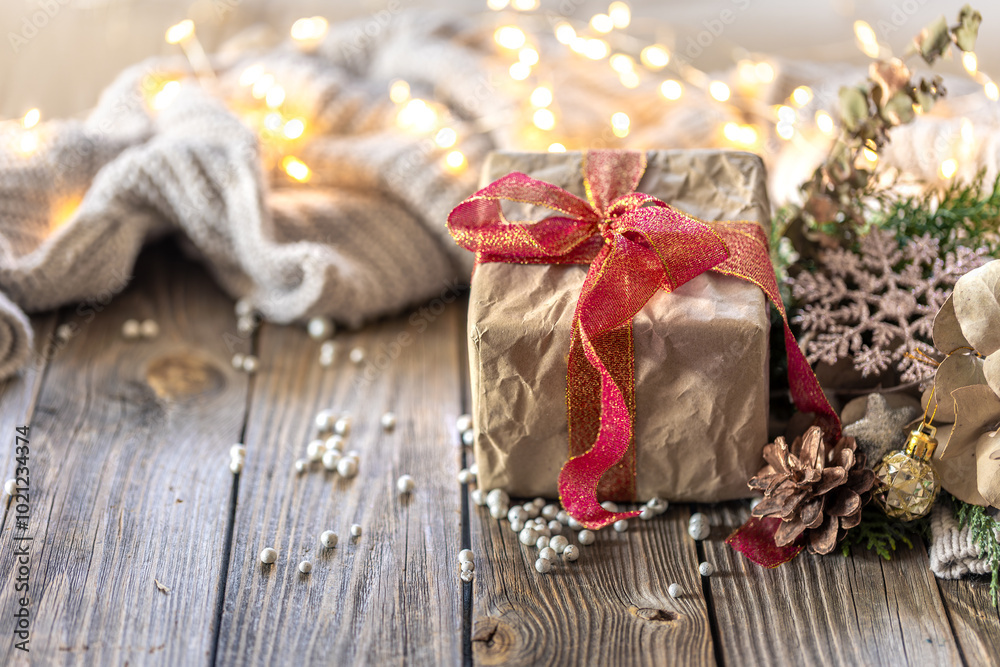 Fototapeta premium Christmas composition with a festive gift. Christmas background.