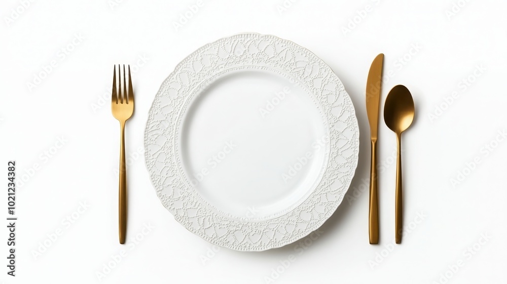 Elegant table setting with a white plate and gold cutlery on a white background.