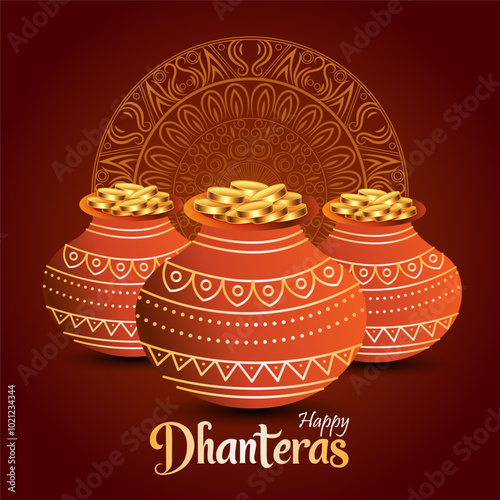  The Hindu festival Dhanteras, showcasing three earthen pots overflowing with gold coins against a red background with a golden mandala design. Happy Dhanteras is prominently displayed at the bottom
