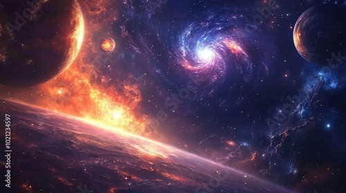 Vibrant cosmic scene with fiery nebulae, swirling galaxies, and distant planets in a colorful universe.