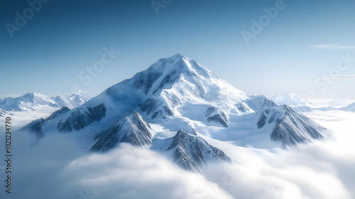 冬季山顶有白色积雪的雪山山巅