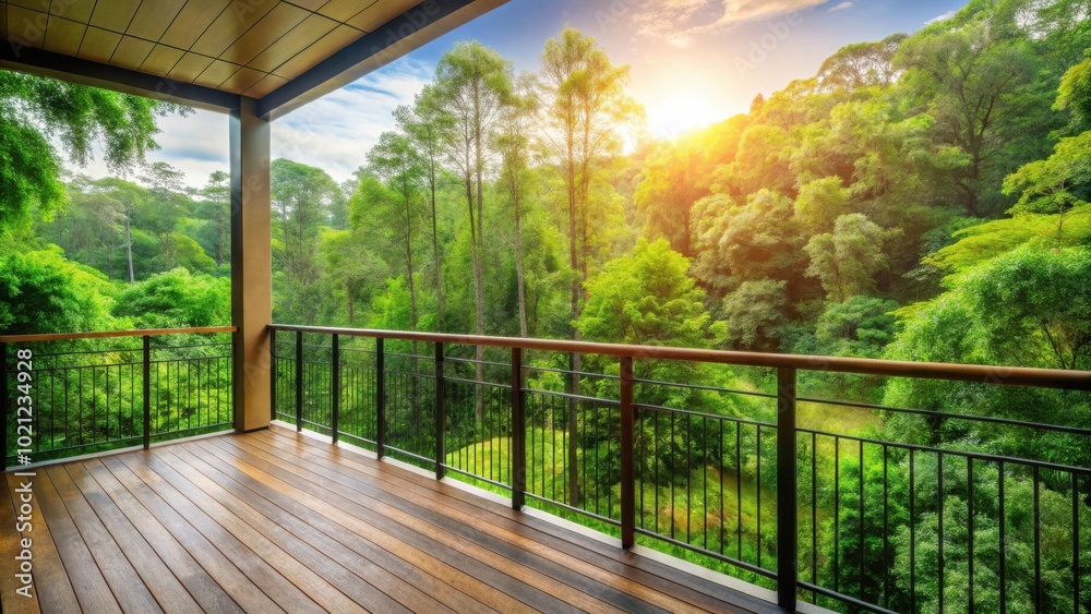 A wooden deck with a black railing offers a panoramic view of a lush green forest, illuminated by warm sunlight filtering through the trees. A wooden deck with a black railing offers a panoramic view of a lush green forest, illuminated by warm sunlight filtering through the trees.