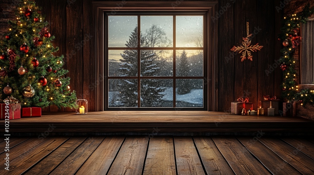 Cozy Christmas interior with decorated tree, presents, and a large window overlooking a snowy landscape at sunset, creating a warm and festive atmosphere. Cozy Christmas interior with decorated tree, presents, and a large window overlooking a snowy landscape at sunset, creating a warm and festive atmosphere.
