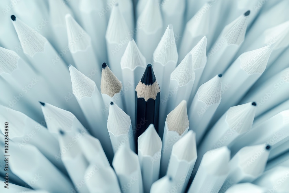 Obraz premium a lot of pencils, with one black pencil standing out in the center. top view , individuality in the crowd