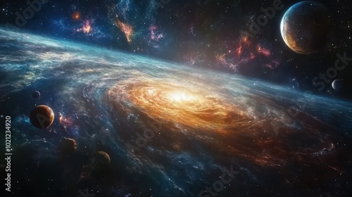 Dazzling view of a galaxy surrounded by planets and vibrant cosmic clouds in deep space.
