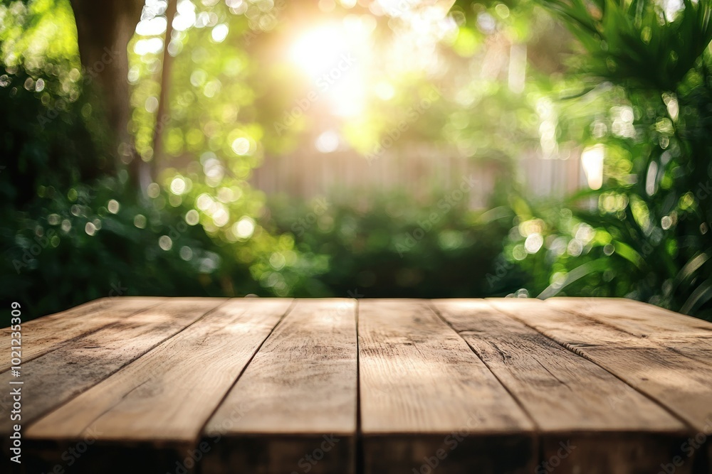 Rustic Wooden Table with Blurred Green Background Rustic Wooden Table with Blurred Green Background