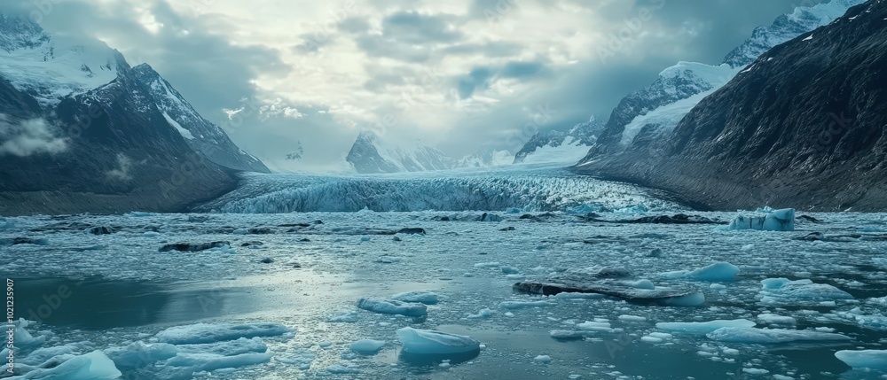 Majestic glacier surrounded by towering snow-capped mountains under a dramatic cloudy sky.