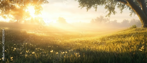 Serene golden sunrise illuminating a tranquil meadow with dewy grass and scattered wildflowers.