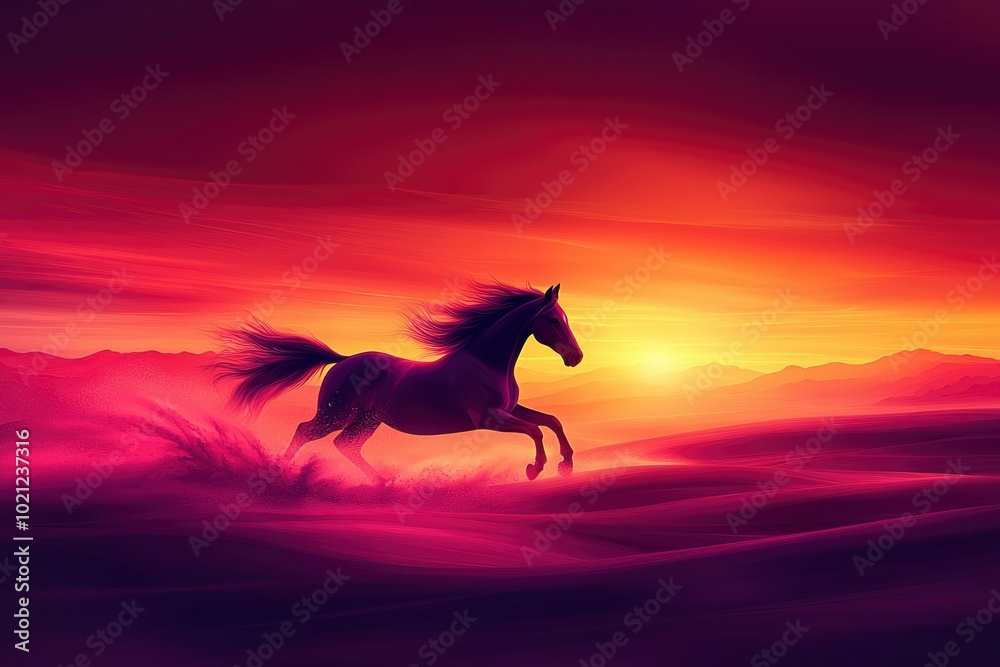 Black Horse Running Through a Pink Sunset Landscape Black Horse Running Through a Pink Sunset Landscape