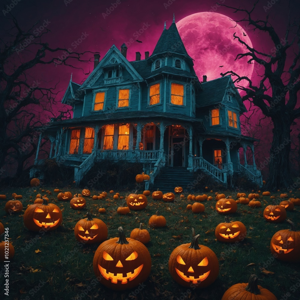 Fototapeta premium A collection of Halloween-themed candles illuminating a dark room with a spooky ambiance