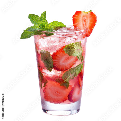 Strawberry mojito with muddled strawberries and a vibrant pink color, garnished with a strawberry slice. isolated on transparency background photo