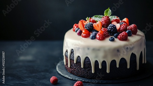 Caribbean Black Cake with thick rum icing, isolated on a deep navy blue background with subtle tropical decorations photo