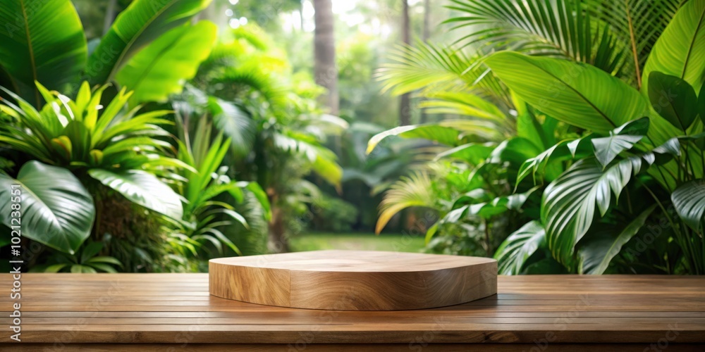 A wooden platform set against a backdrop of lush greenery, showcasing the beauty of nature in a serene setting. A wooden platform set against a backdrop of lush greenery, showcasing the beauty of nature in a serene setting.
