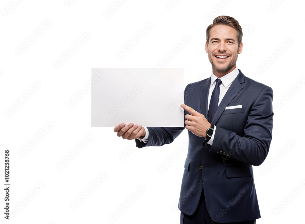 Smiling Young Male Project Manager in a Suit and Tie Holds and Points to a Blank Sign. Isolated on Transparent Background. PNG. Copy Space, Mock Up Smiling Young Male Project Manager in a Suit and Tie Holds and Points to a Blank Sign. Isolated on Transparent Background. PNG. Copy Space, Mock Up