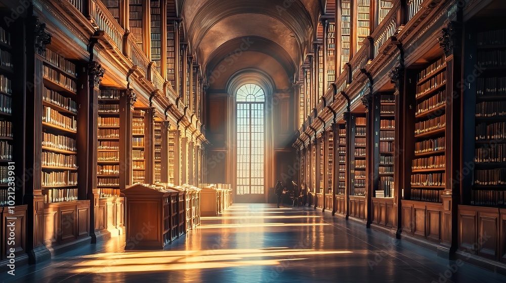 A grand library with towering bookshelves, sunlight streaming through the windows as readers browse the stacks A grand library with towering bookshelves, sunlight streaming through the windows as readers browse the stacks