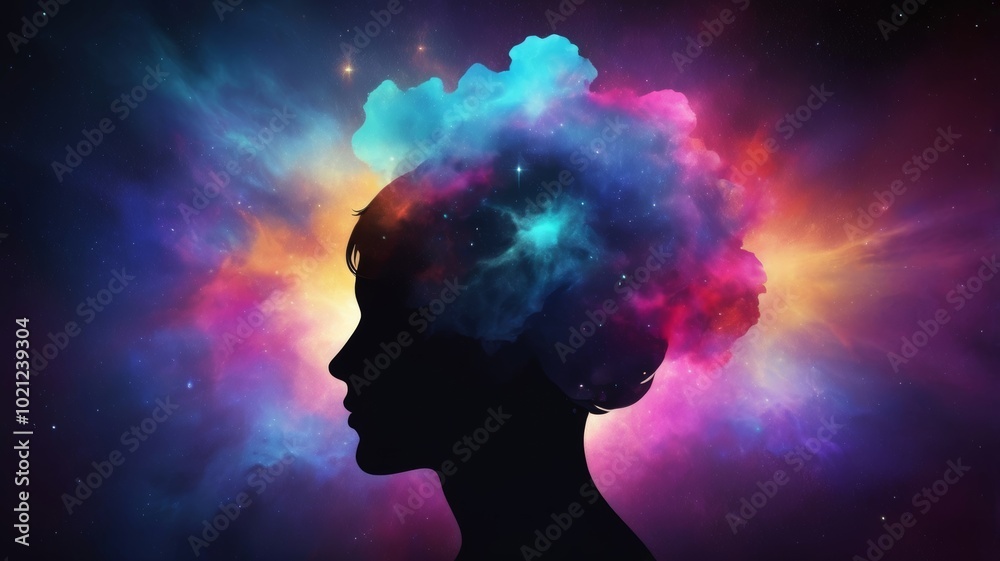 A silhouette of a woman with a vibrant, colorful cloud representing thoughts or imagination above her head.