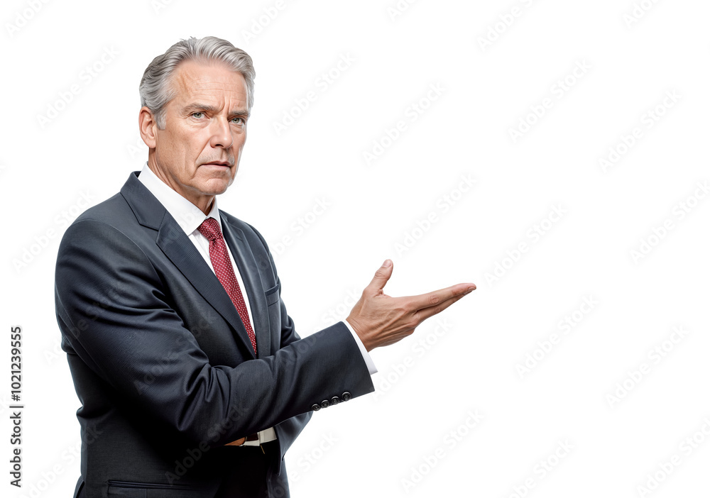 Experienced Male Business Executive in Suit and Tie Presents with an Open Hand Gesture. Isolated on Transparent Background. PNG. Experienced Male Business Executive in Suit and Tie Presents with an Open Hand Gesture. Isolated on Transparent Background. PNG.