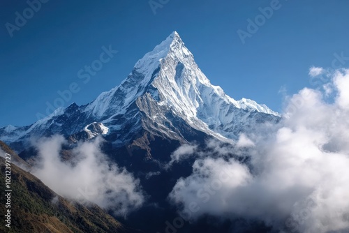 Majestic Snow-Capped Mountain Peak in Clear Sky