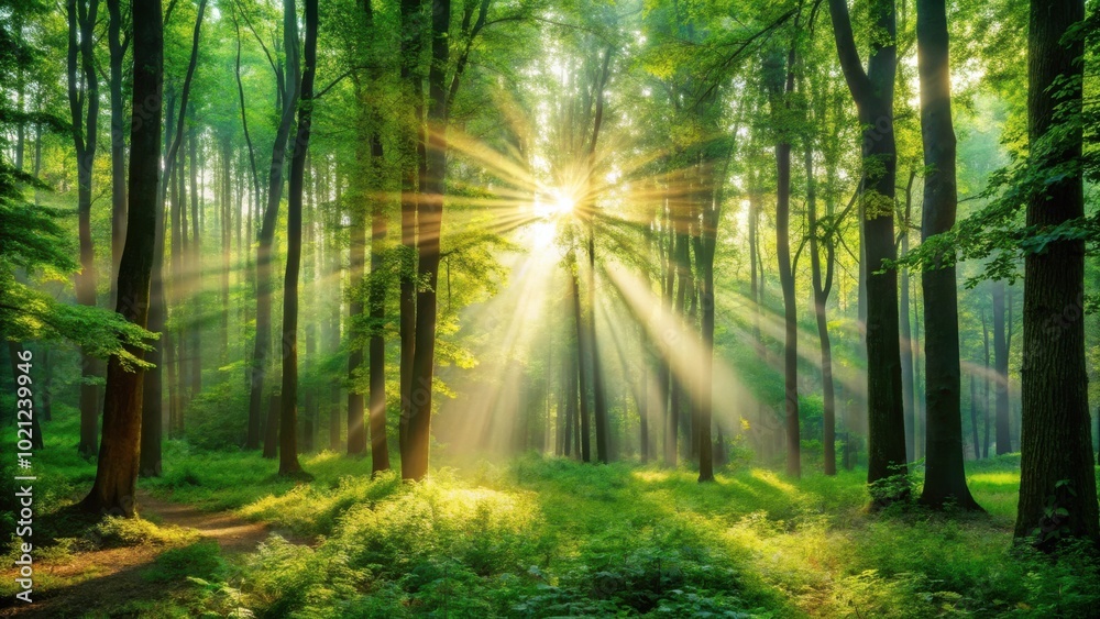 Fototapeta premium Sunlight Streams Through the Canopy of a Lush Green Forest, Illuminating the Undergrowth and Casting Long Shadows on the Forest Floor