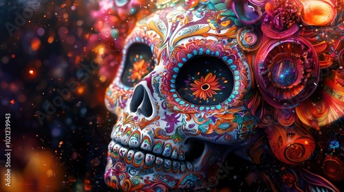 Detailed artistic depiction a Day the Dead sugar skull with elaborate patterns, vivid colors, and a dramatic dark background