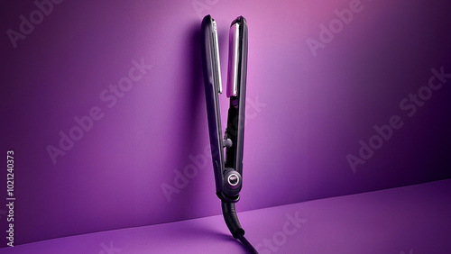 Hair straightener on a purple background, beauty appliances photo