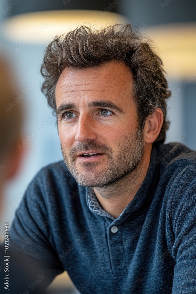 Obraz premium A casually dressed man with curly hair leans forward, engaging in a thoughtful conversation, showcasing a relaxed and friendly demeanor, highlighting communication and openness.