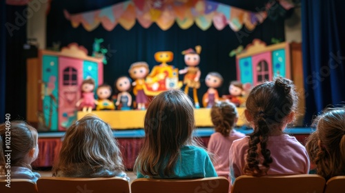 Children's theater with colorful stage decorations, young audience members watching a puppet show.