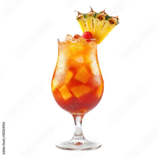Tropical rum punch with a vibrant mix of rum, tropical fruit juices, and garnished with a pineapple slice. isolated on transparency background photo