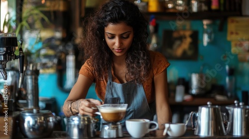 A South Asian barista with dark brown skin and curly hair preparing chai lattes with an artistic flair in a small, bustling Indian coffee shop.