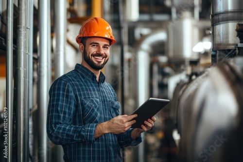 Cheerful Engineer in Safety Gear with Tablet
