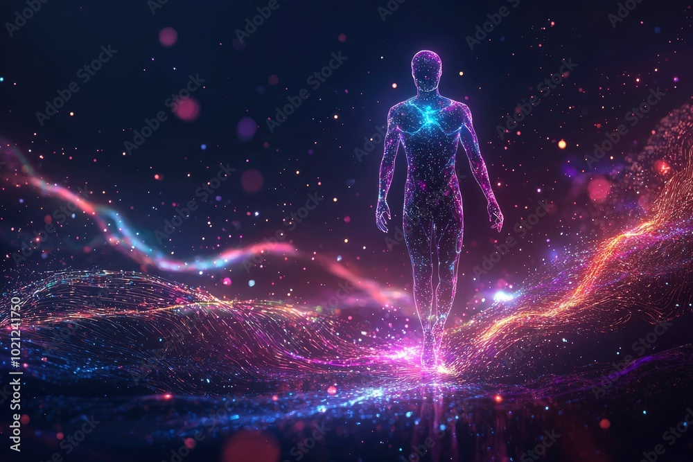 A Glowing Human Figure Walking Through a Field of Sparkles