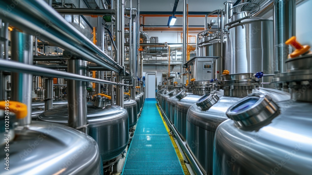 A view of stainless steel fermentation tanks in a modern industrial facility. A view of stainless steel fermentation tanks in a modern industrial facility.