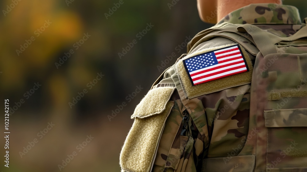 Fototapeta premium Close-up view of a U.S. military uniform featuring an American flag patch on the arm, set against a blurred background. This composition provides ample space for text, emphasizing themes of patriotism