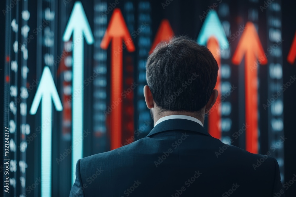 Businessman analyzing rising stock charts with arrows and data, depicting growth and financial strategies in a corporate environment. Businessman analyzing rising stock charts with arrows and data, depicting growth and financial strategies in a corporate environment.