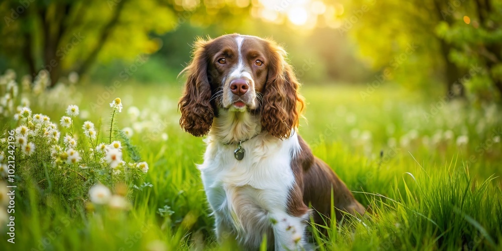 Beautiful Brown and White Springer Spaniel Sitting Gracefully in a Lush Green Meadow During Spring Beautiful Brown and White Springer Spaniel Sitting Gracefully in a Lush Green Meadow During Spring