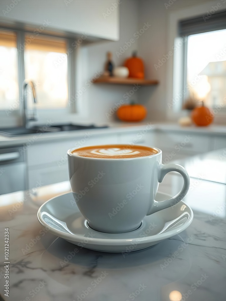 Pumpkin spice latte in a white cup and saucer on a marble countertop against a backdrop of a blurred modern kitchen halloween backdrop Pumpkin spice latte in a white cup and saucer on a marble countertop against a backdrop of a blurred modern kitchen halloween backdrop