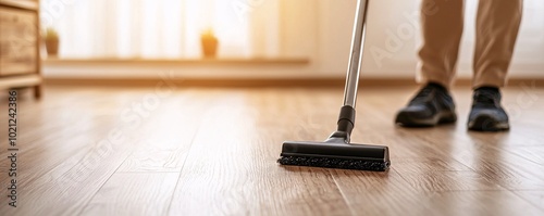 Housekeeper Polishing Hardwood Floors in a Rustic Home - Cozy Traditional Vibe with Warm Tones and a Sparkling Clean Finish