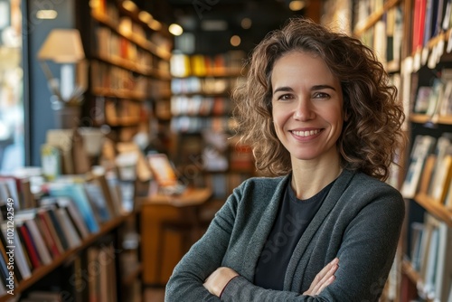 Confident Woman Smiling in Modern Bookstore Setting