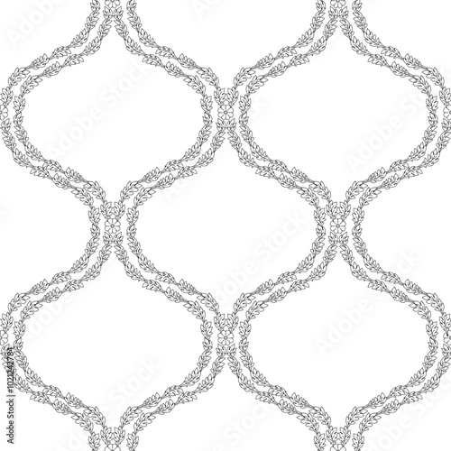 Seamless pattern with black linear floral ogee geometrical motifs on a white background. Minimalist classic abstract repeat wallpaper.