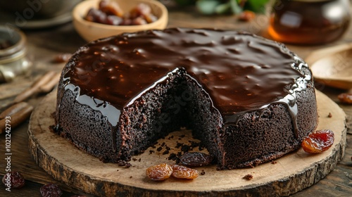Jamaican Black Cake with rum syrup glaze, isolated on a rustic wooden background with dried fruits and nuts