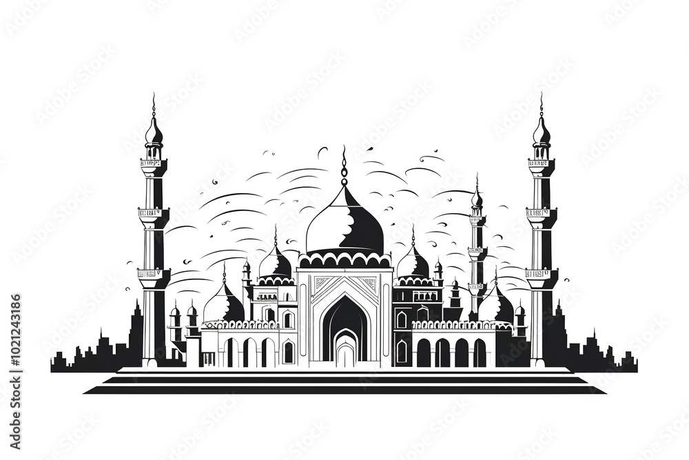 Hand drawn Ramadan Kareem and mosque. Beautiful greeting card design elements. Happy Eid mubarak. Islamic Festival celebration theme isolated on white background Hand drawn Ramadan Kareem and mosque. Beautiful greeting card design elements. Happy Eid mubarak. Islamic Festival celebration theme isolated on white background