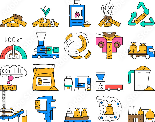 wood pellets eco energy icons set vector. ecological environment, falling, fire firewood, flaming flowing, fossil fuel granule wood pellets eco energy color Contour Illustrations