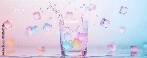 Vibrant Abstract Splash of Water from Glass Jug into Glass with Ice Cubes - Surreal Colors Creating a Dreamlike Refreshing Scene