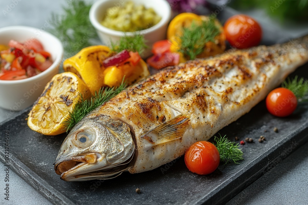 A grilled whole fish perfectly cooked and served on a black plate, garnished with cherry tomatoes, lemon slices, and herbs, offering a delightful presentation with bold flavors. A grilled whole fish perfectly cooked and served on a black plate, garnished with cherry tomatoes, lemon slices, and herbs, offering a delightful presentation with bold flavors.