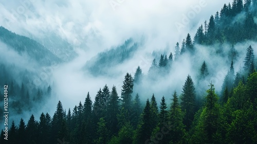 Misty morning in a dense forest with tall evergreen trees, creating a tranquil and atmospheric landscape in the mountains.