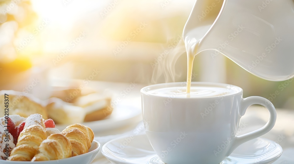 Warm Morning Ritual Milk Jug Pouring into Coffee Cup - Cozy Breakfast Table Setting with Fresh Pastries and Soft Light Warm Morning Ritual Milk Jug Pouring into Coffee Cup - Cozy Breakfast Table Setting with Fresh Pastries and Soft Light