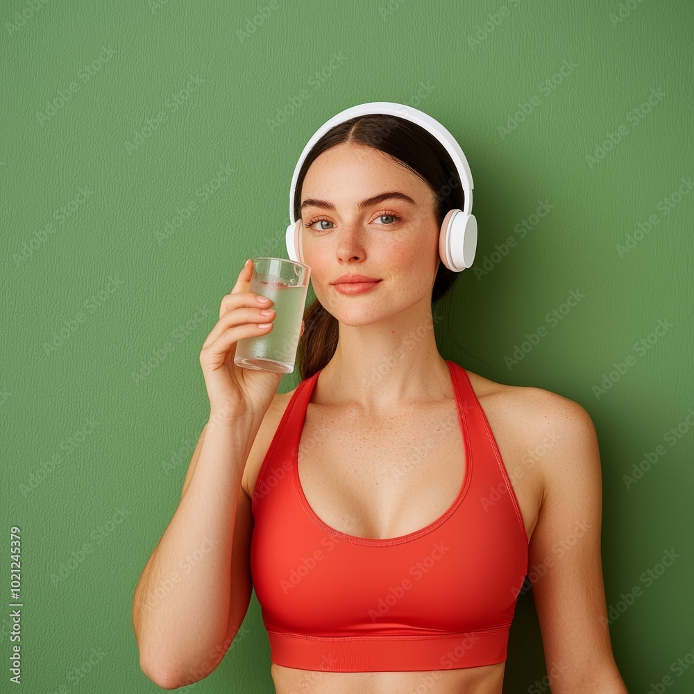 Woman in fitness attire enjoys music with headphones while drinking water against a green background, promoting healthy lifestyle and relaxation. Woman in fitness attire enjoys music with headphones while drinking water against a green background, promoting healthy lifestyle and relaxation.