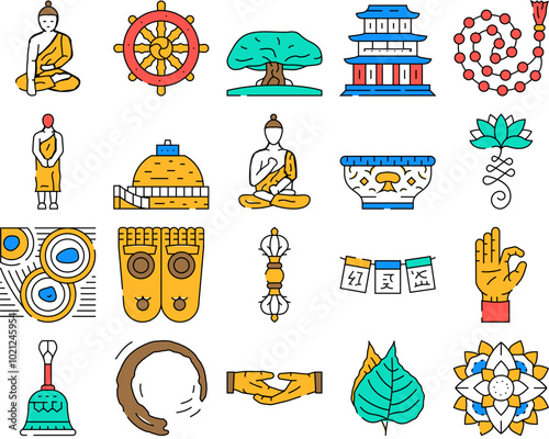 buddhism religion buddha thailand icons set vector. temple asia, religion monk, thai travel, asian statue, culture spiritual, ancient buddhism religion buddha thailand color Contour Illustrations